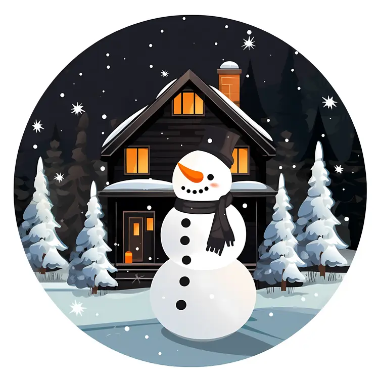 Snowman in Front of House with Snowy Trees
