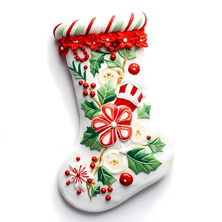 White Christmas Stocking with Holly and Candy Cane