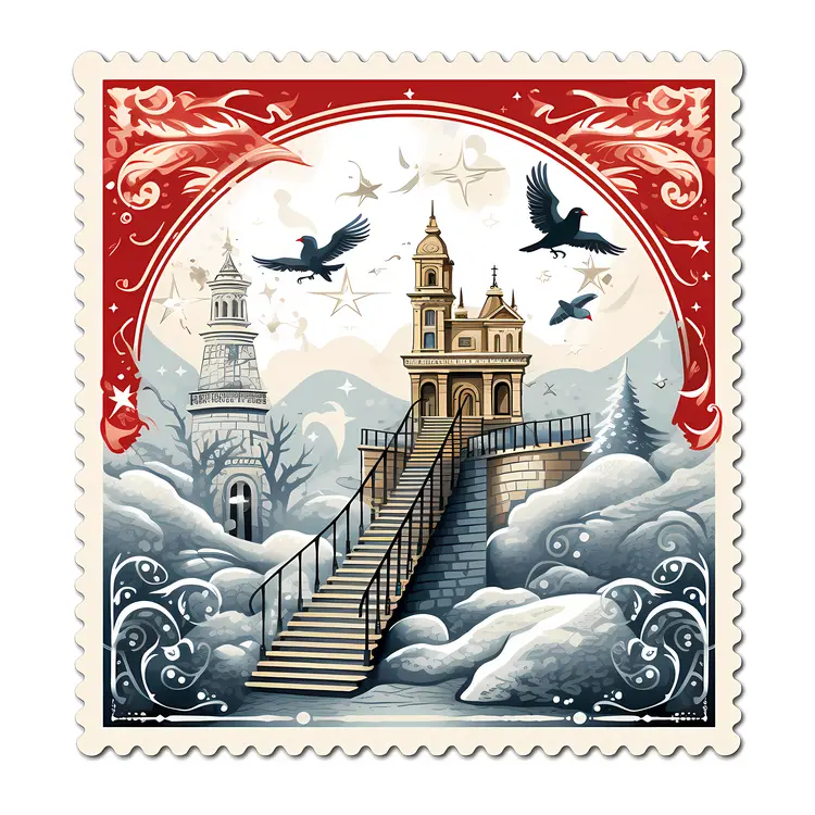 Decorative Postage Stamp with Scenic View