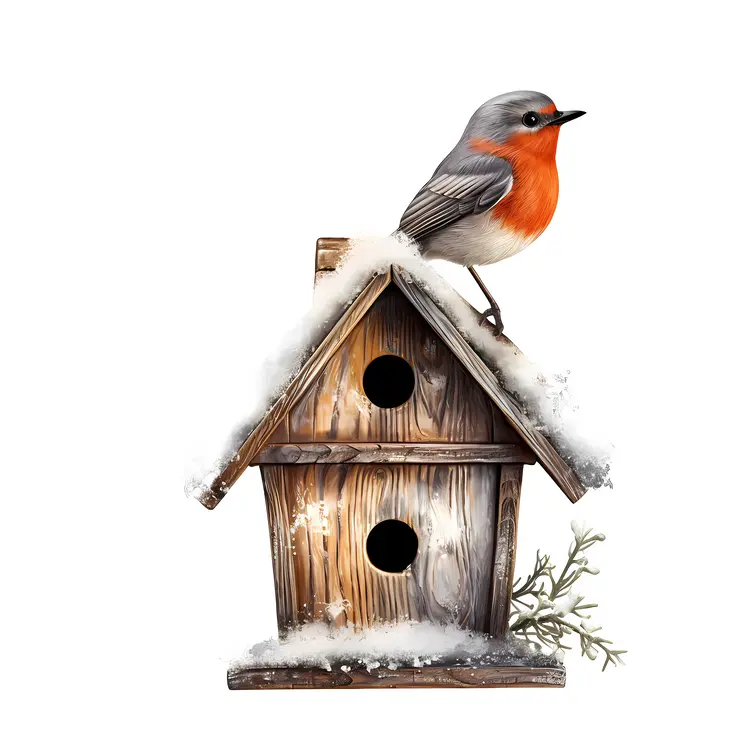 Winter Birdhouse with Bird and Snow
