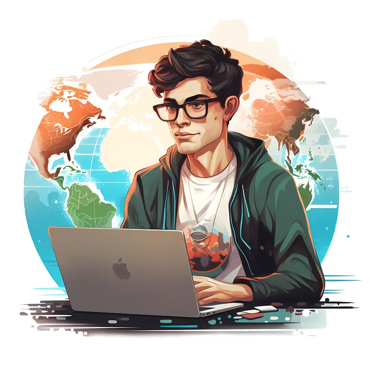 Man with Laptop and World Map