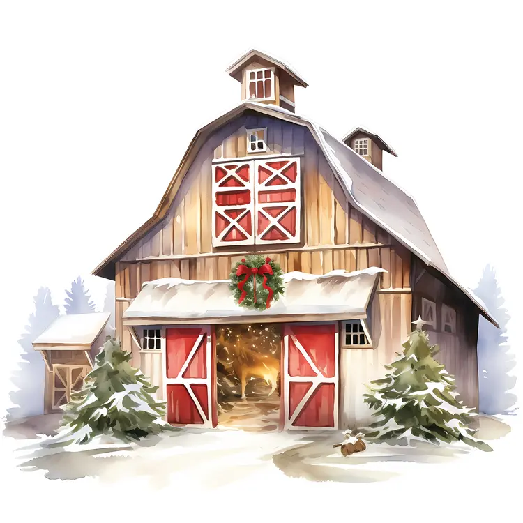 Snowy Barn Decorated for Christmas