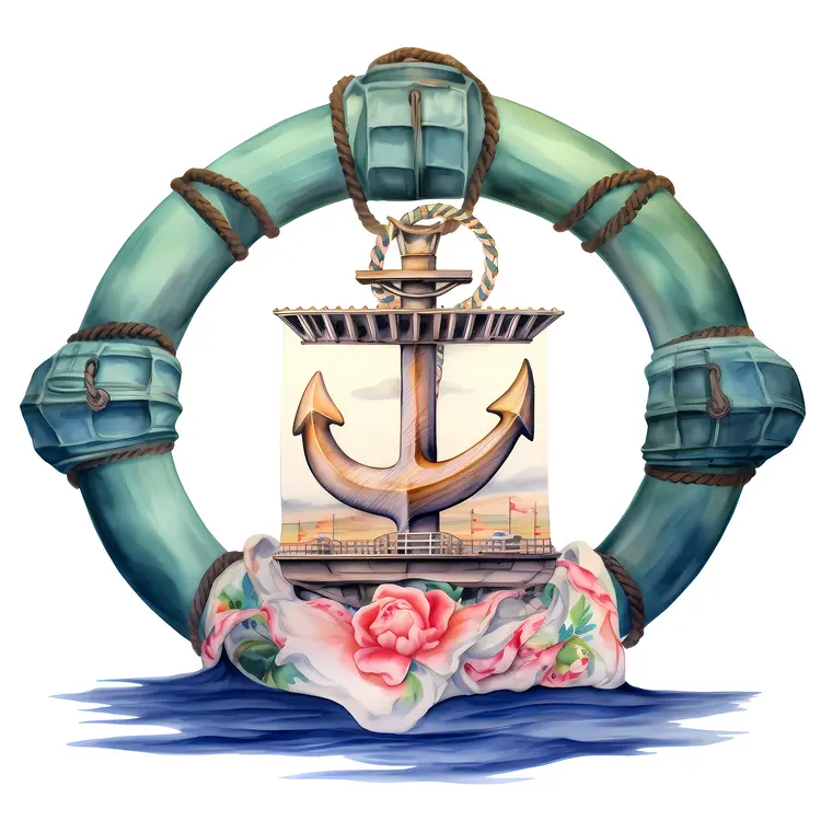 Anchor with Lifebuoy and Floral Design