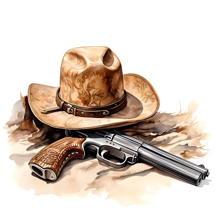 Cowboy Hat and Revolver Illustration