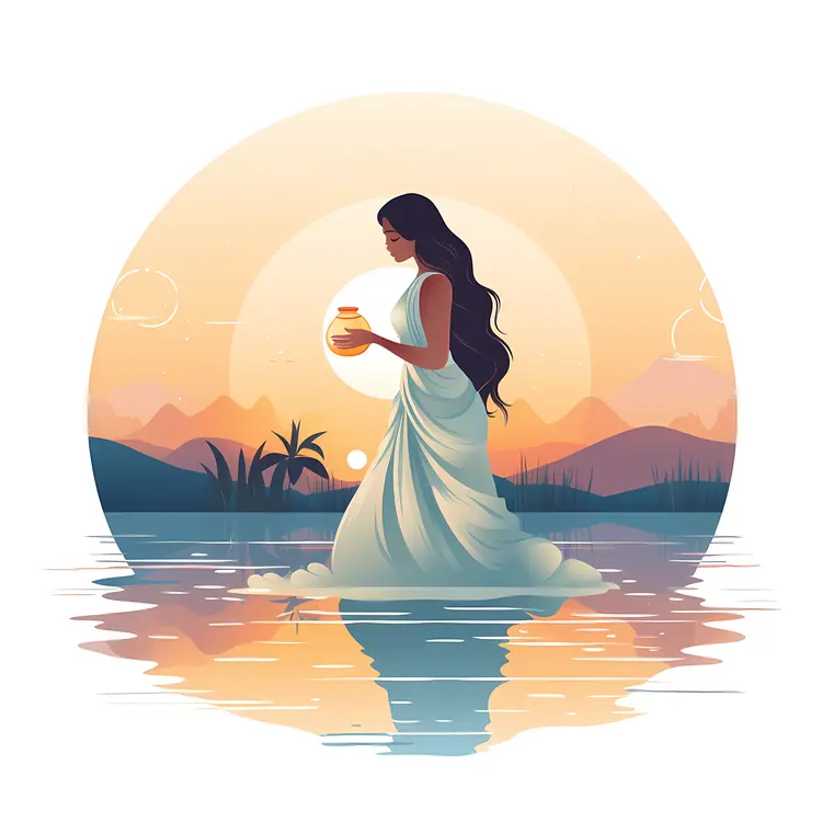 Woman Holding Jar at Sunset by the Water