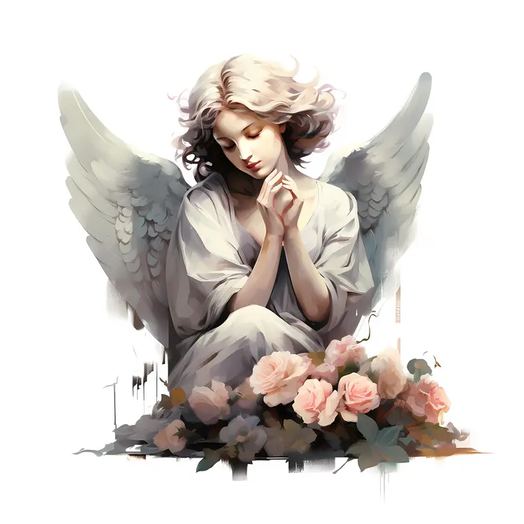 Praying Angel Statue with Pink and White Flowers