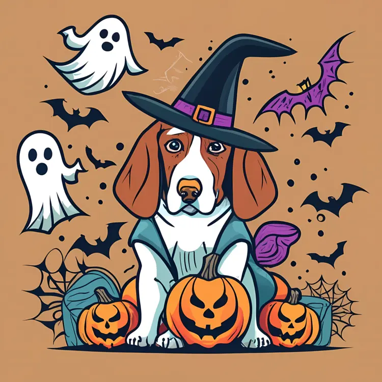 Dog in Witch Costume with Pumpkins and Ghosts