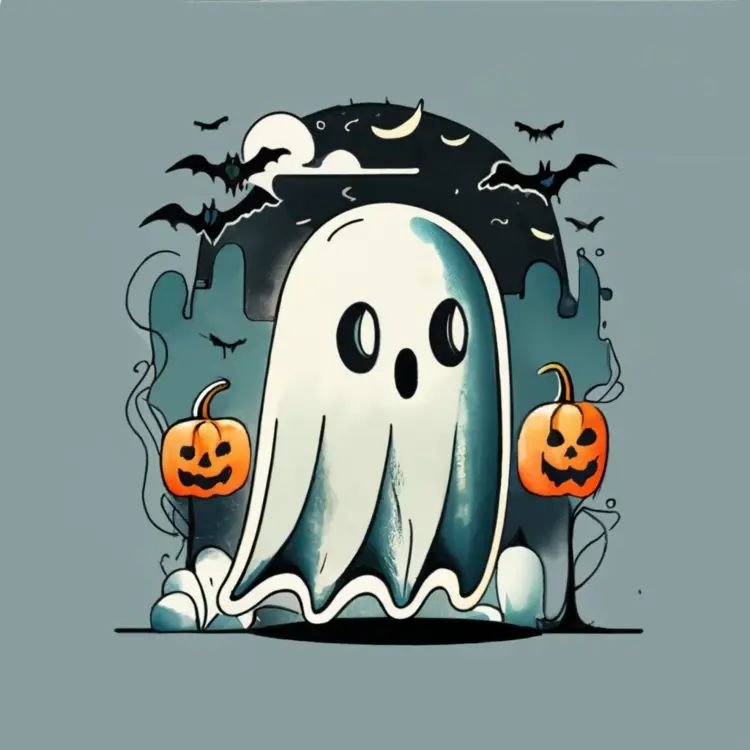 Cute Ghost with Pumpkins and Bats