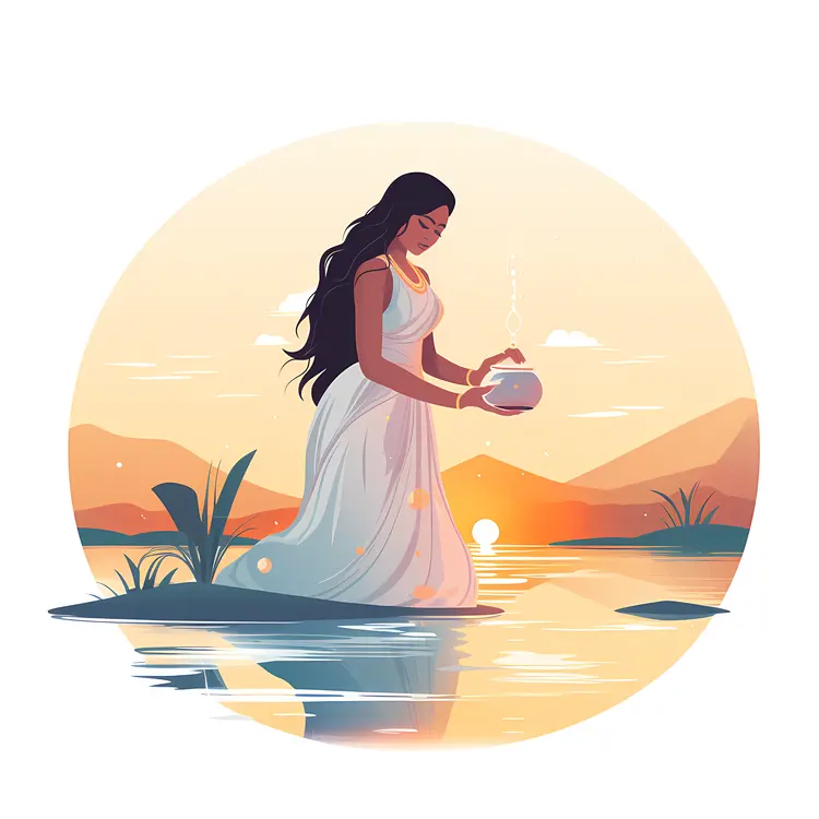 Lovely Woman with Pot at Sunset