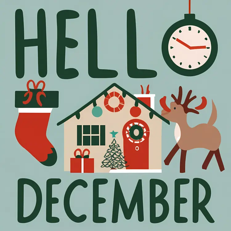 Reindeer and House with Hello December Text