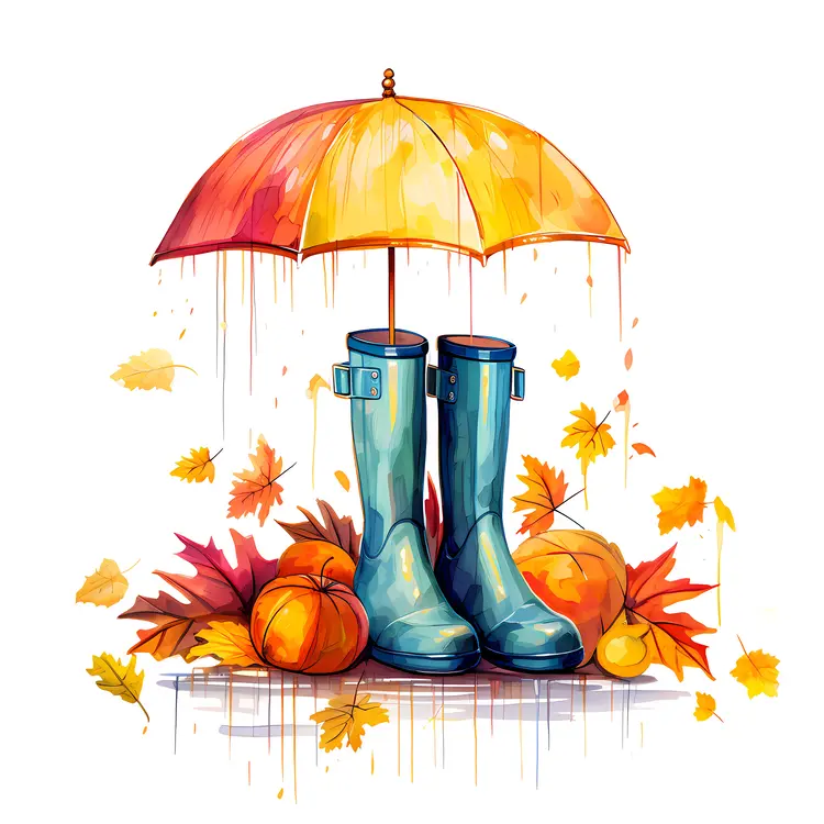 Blue Rain Boots and Umbrella with Autumn Leaves