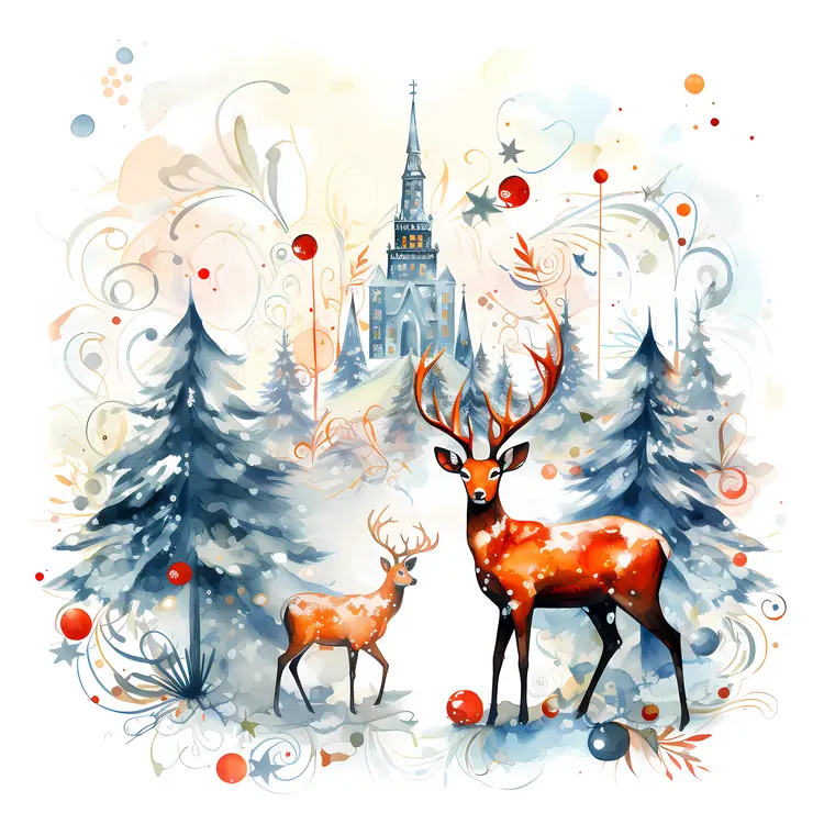 Deer in Winter Forest with Church