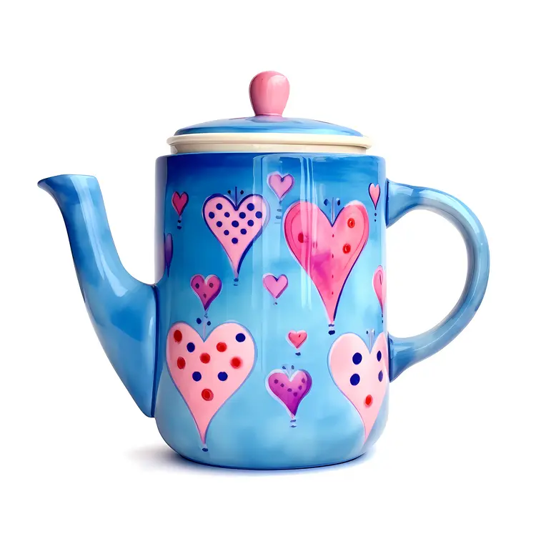 Cute Blue Teapot with Heart Patterns for Valentine's Day