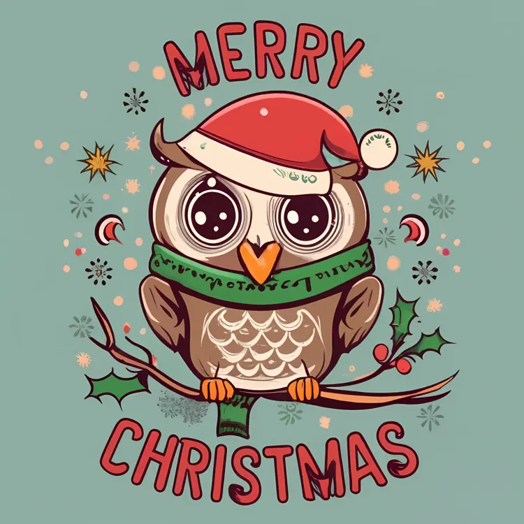 Owl with Christmas Hat and Scarf