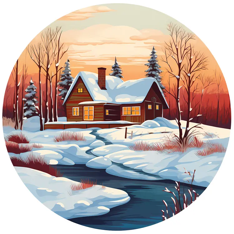 Snowy Cabin by the River