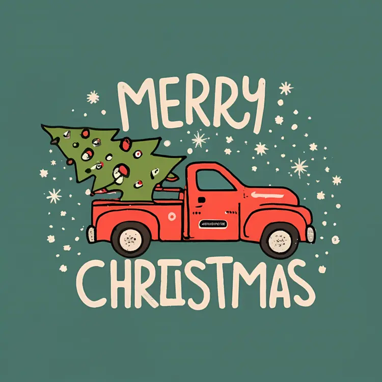Red Truck with Christmas Tree and Merry Christmas Text