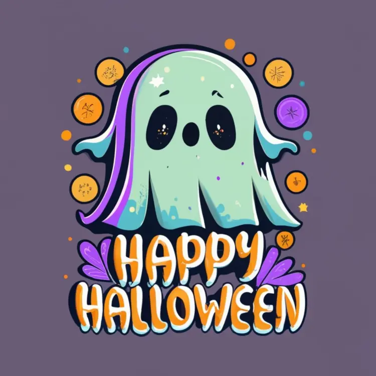 Cute Ghost with Happy Halloween Text