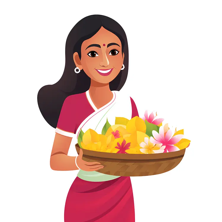 Woman in Traditional Dress Holding a Basket of Flowers