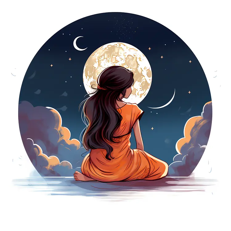 Girl Sitting with Moon in Background