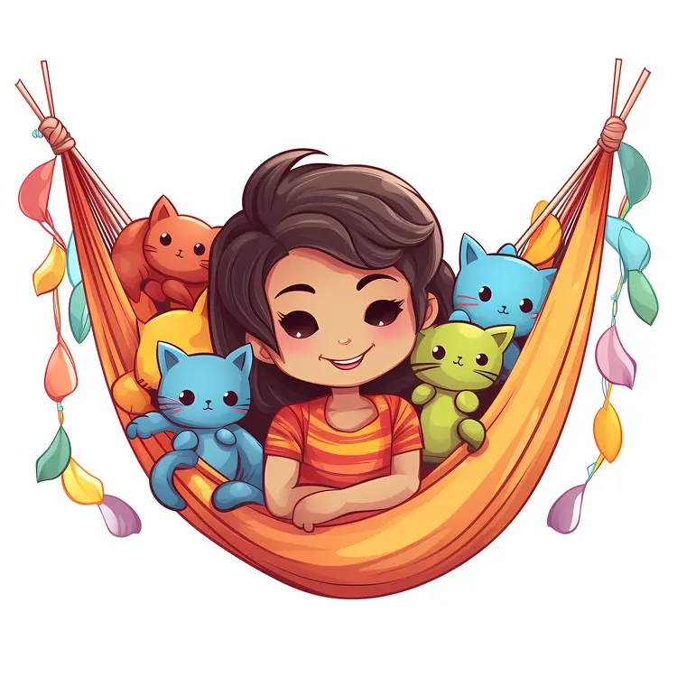 Cute Girl Relaxing in Hammock with Colorful Cats