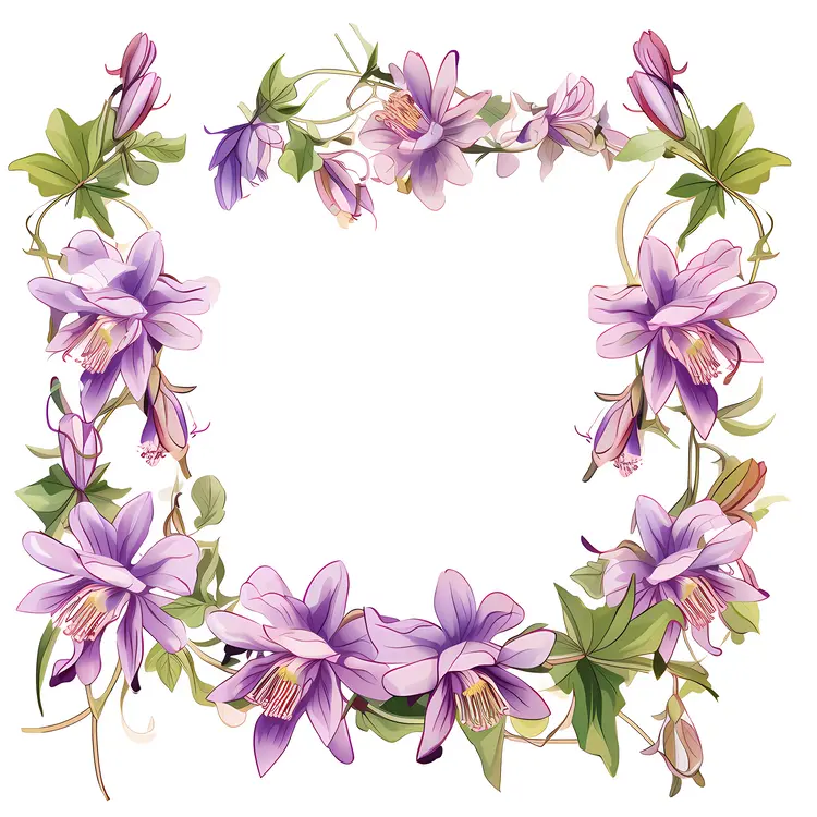 Purple Floral Frame with Vines and Leaves