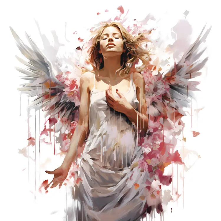 Ethereal Angel with Wings Surrounded by Flowers