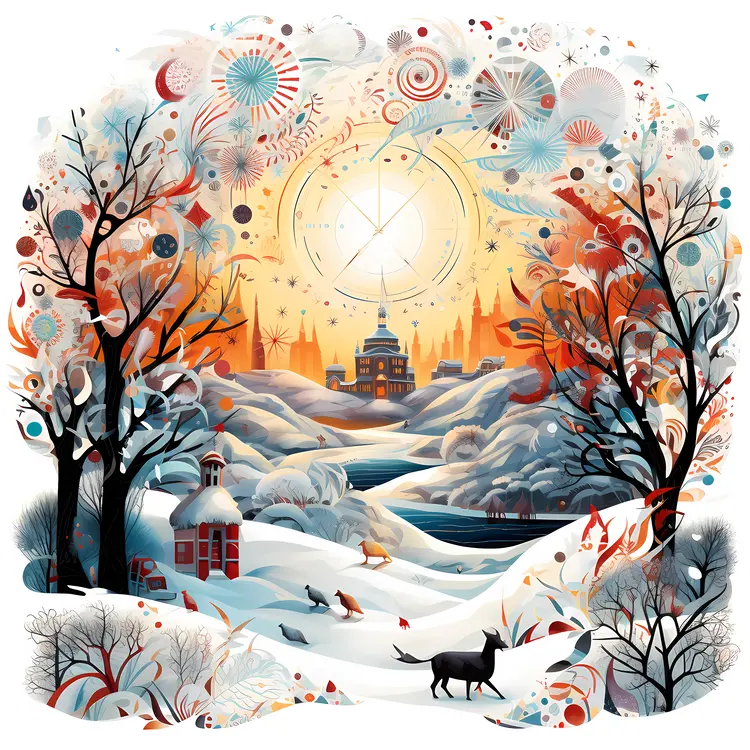 Winter Landscape with Sunset and Snow