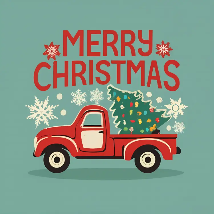 Red Truck with Christmas Tree and Snowflakes