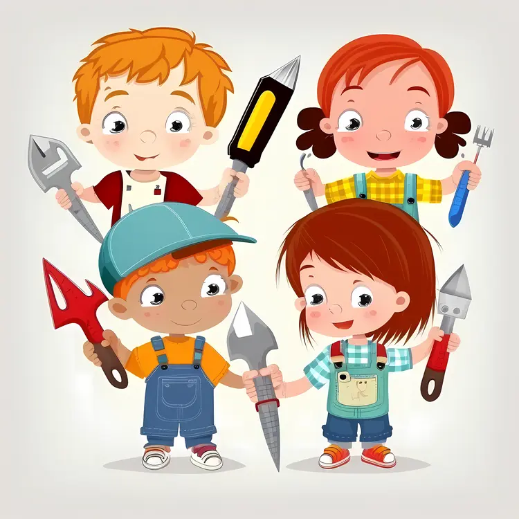 Cartoon Children Holding Tools