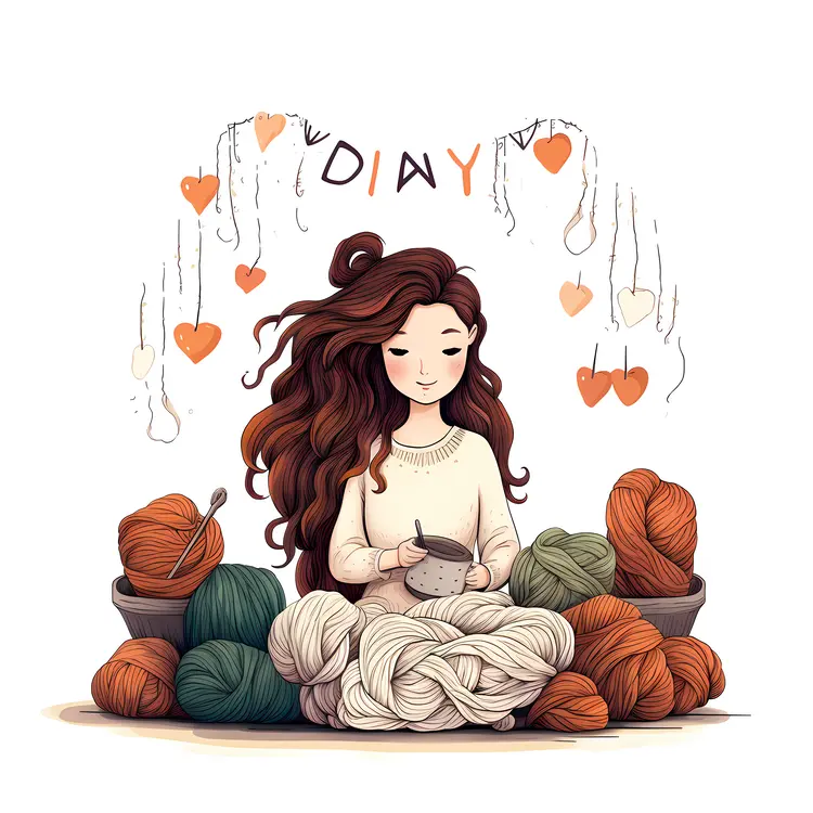 Girl Knitting with Colorful Yarn
