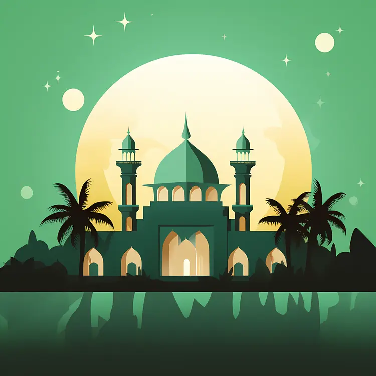 Mosque with Palm Trees and Reflection