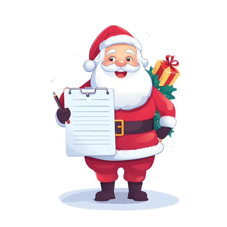 Santa Claus with a List and Gifts on His Back