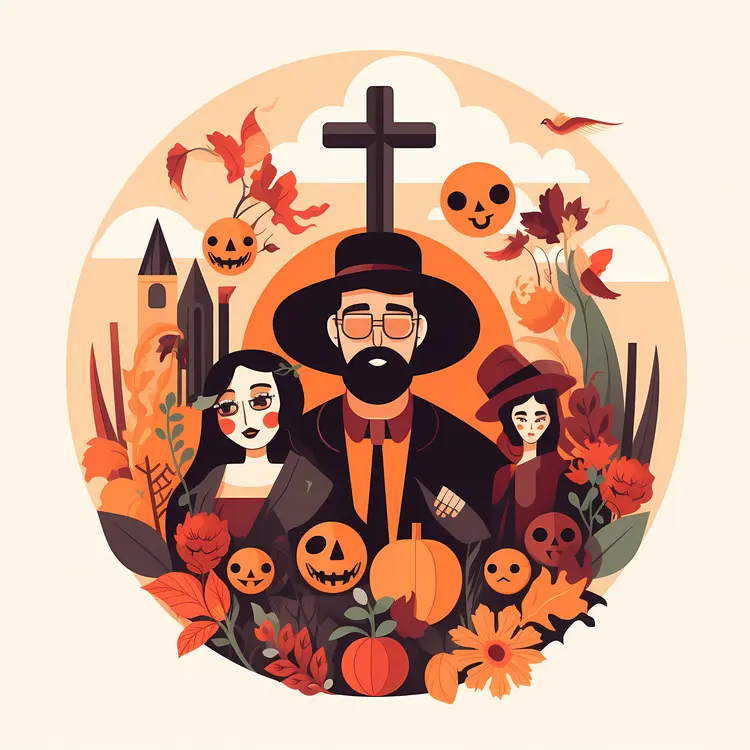 Family with Pumpkins and Cross in Halloween Setting
