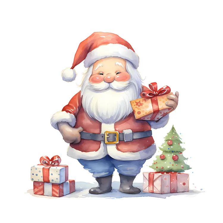 Santa Claus with Gifts and Christmas Tree