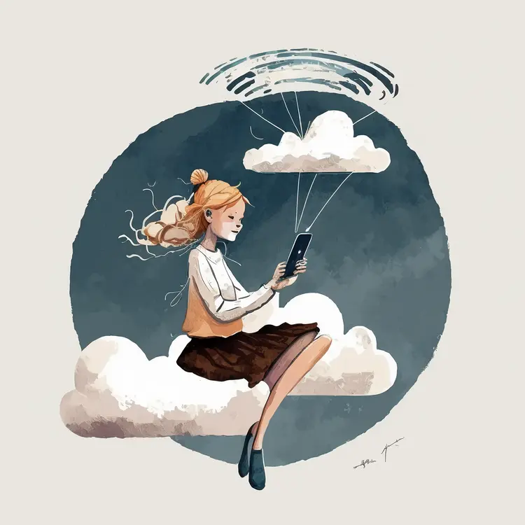 Girl Sitting on Cloud Using Smartphone Illustration
