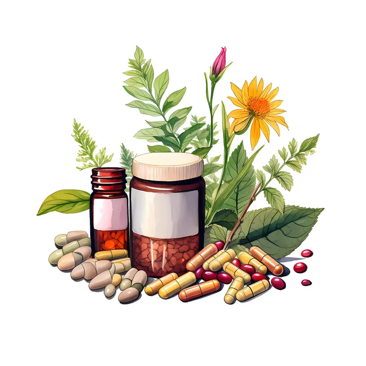 Herbal Supplements with Bottles and Capsules