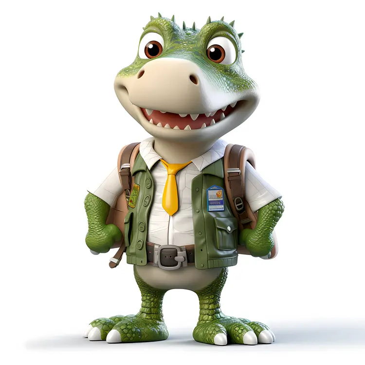 Cute Cartoon Alligator with Backpack and Tie