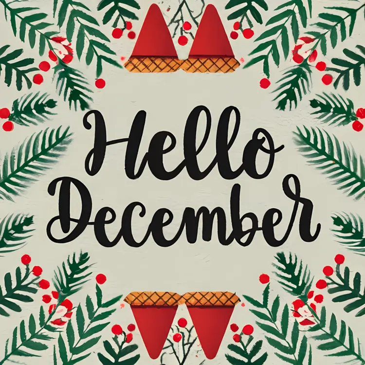 Hello December with Pine Branches and Red Hats