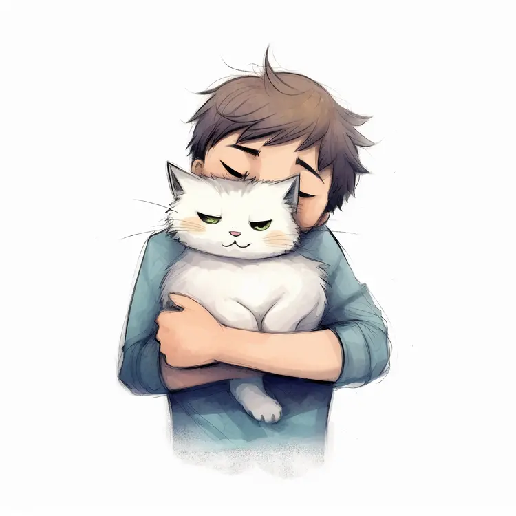 Boy Hugging a Cute Cat in Cartoon Style