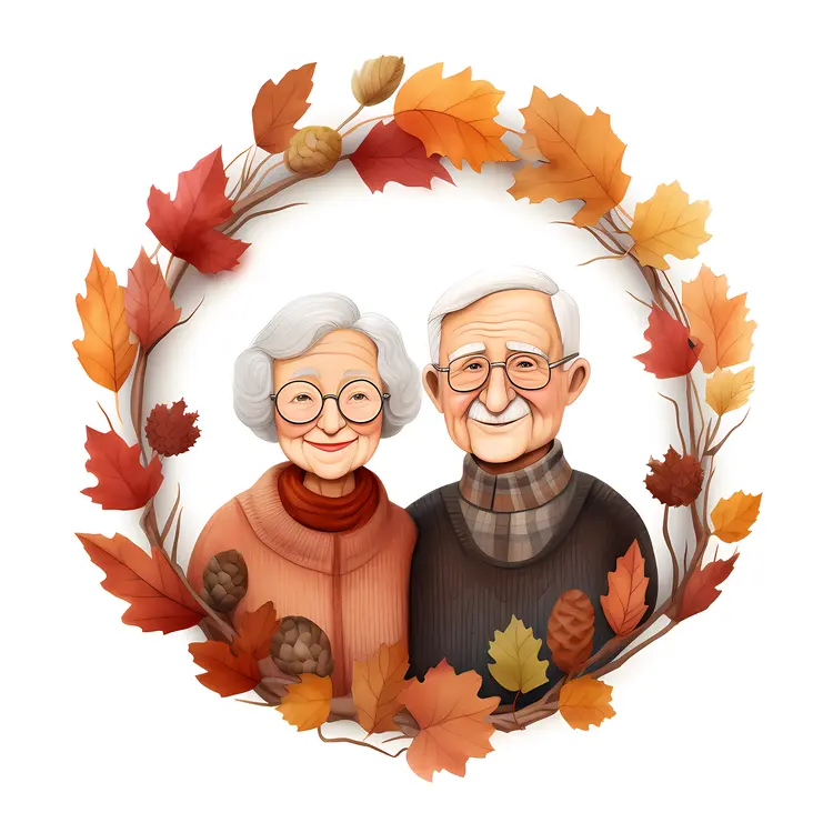 Elderly Couple in Autumn Wreath for Grandparents Day