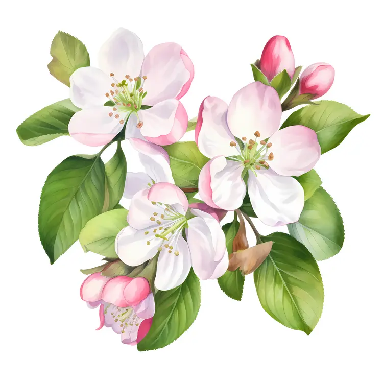 Apple Blossoms with Leaves and Pink Buds