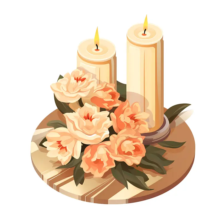 Candles and Flowers on Wooden Base