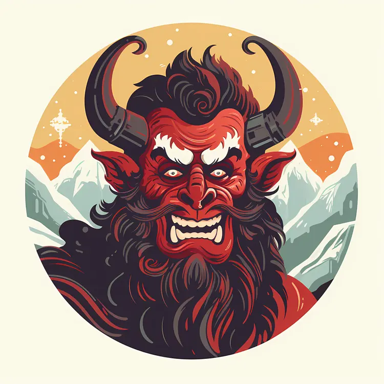 Fierce Horned Demon with Red Face in Mountains