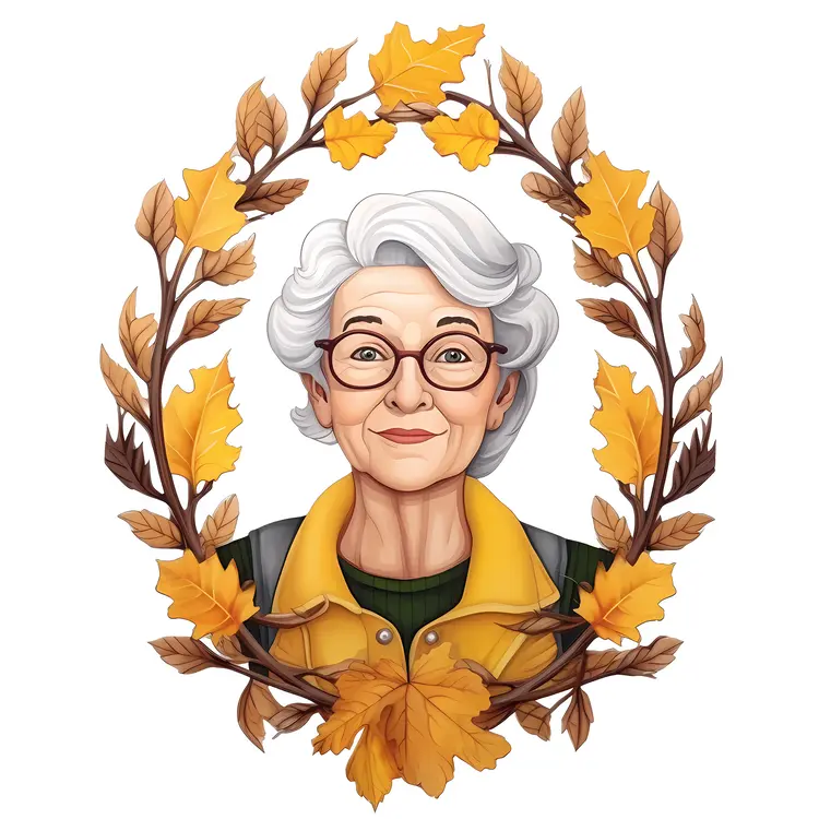Elderly Woman Portrait with Autumn Leaves Wreath