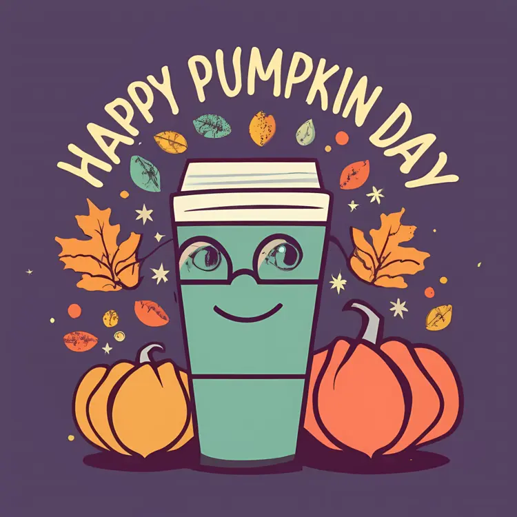 Happy Pumpkin Day with Coffee Cup and Leaves