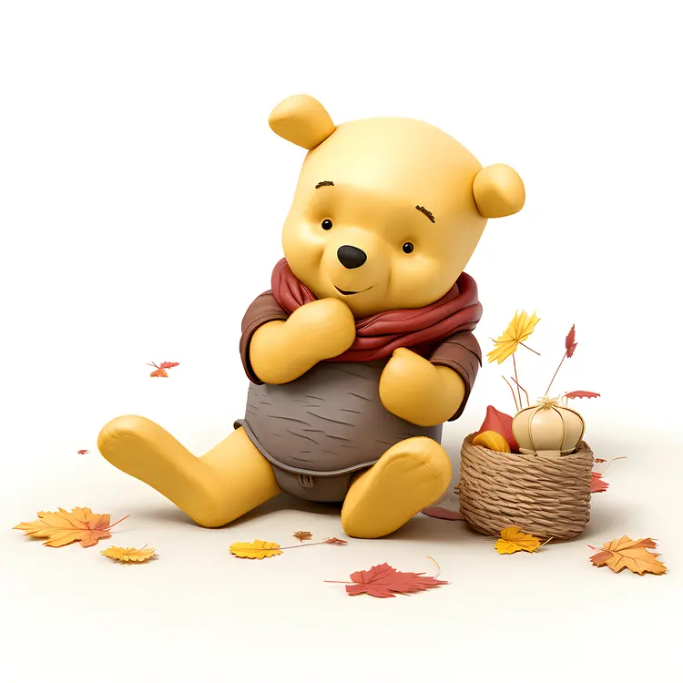 Cute Bear with Scarf and Basket of Autumn Leaves