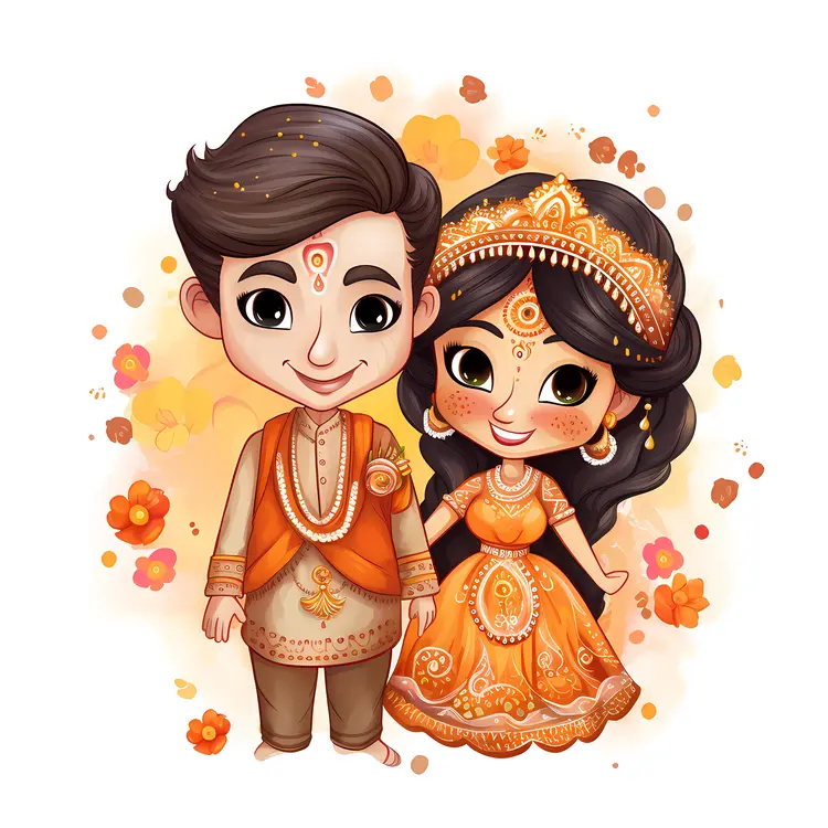 Cute Cartoon Couple in Traditional Wedding Attire