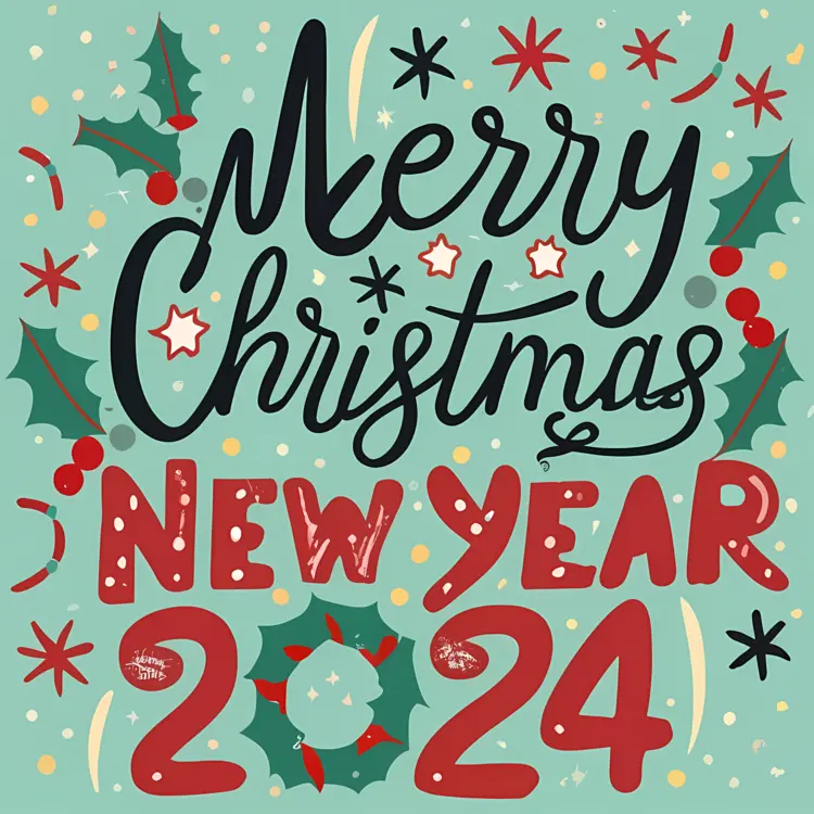 Merry Christmas and New Year 2024 Greeting with Holly and Stars