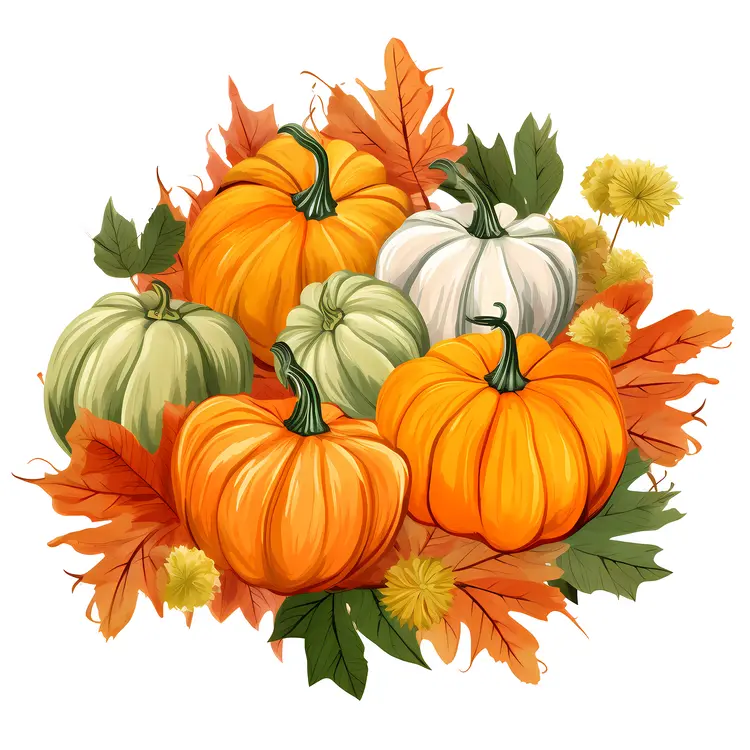 Colorful Pumpkins with Autumn Leaves