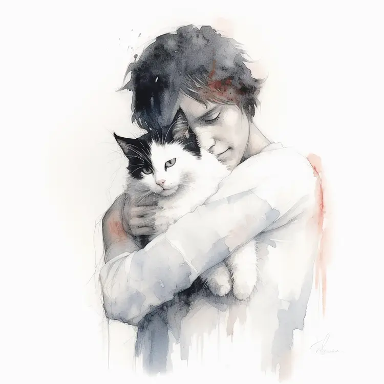 Person Hugging a Black and White Cat in Watercolor Style